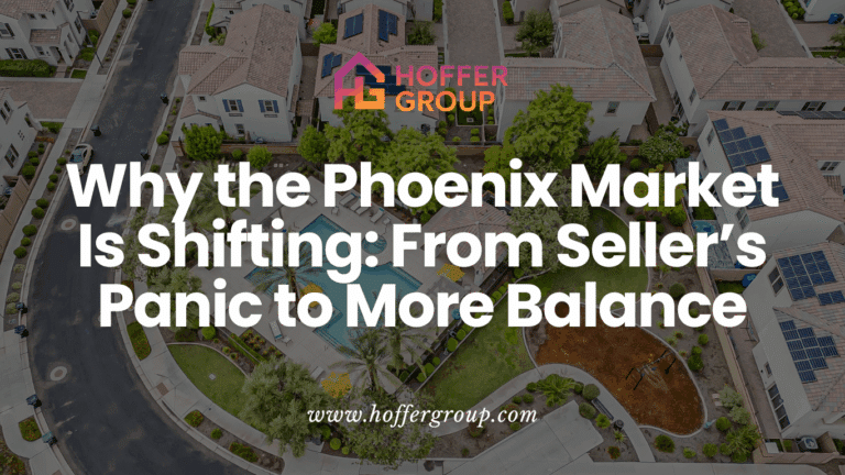 nfographic by Hoffer Group explaining the 2025 Phoenix housing market shift — showing slower price growth, rising inventory, longer time on market, and guidance for buyers and sellers on how to adapt